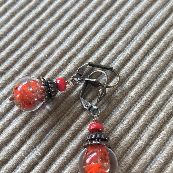 Coral & Clear Lampwork Glass Drop Earrings - Picture 2 of 2